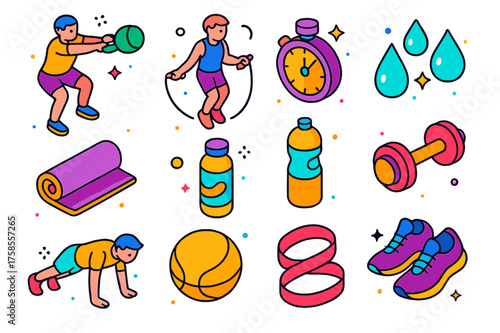 Colorful HIIT Icons. HIIT workout. Colorful isometric vector icons set of HIIT workout: person performing kettlebell swing, jump rope, timer, sweat droplets,