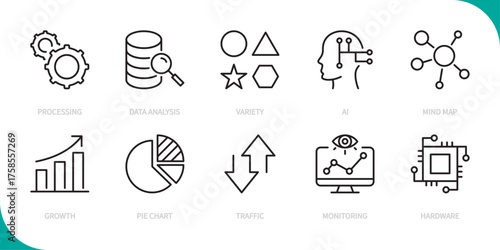 Data analysis line icon set. Processing, variety, ai, mind map, growth, pie chart, traffic, monitoring, hardware sign. Vector illustration. Editable stroke. Flat design.