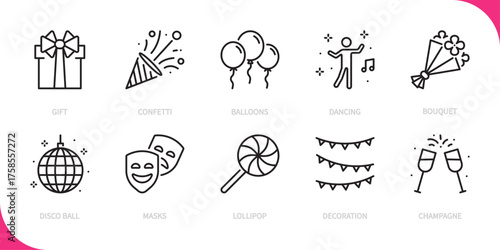 Holiday & celebrate line icon set. Gift, confetti, balloons, dancing, bouquet, disco ball, masks, lollipop, decoration, champagne sign. Vector illustration. Editable stroke. Flat design.