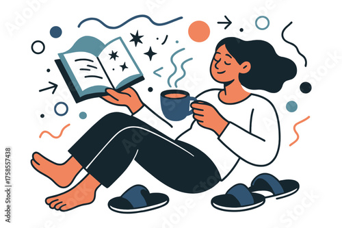 Modern Relaxation Scene. Relaxing at home. Slippers kicked off, tea cup glowing with warmth, book floating open with abstract stars. Peaceful winding down.