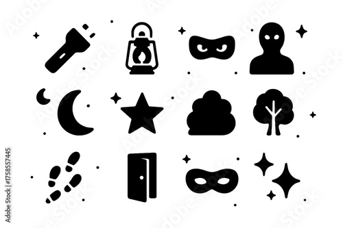 Nighttime Adventure Icons. Night Hide and Seek. Solid icons set of Night Hide and Seek: flashlight, lantern, glowing eyes, shadow figure, crescent moon, star,