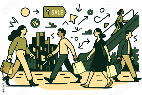 Dynamic Shopping Scene. Shopping floor. Shoppers walking with glowing bags, escalators curving upward, floating sale tags and arrows. A bustling indoor street.