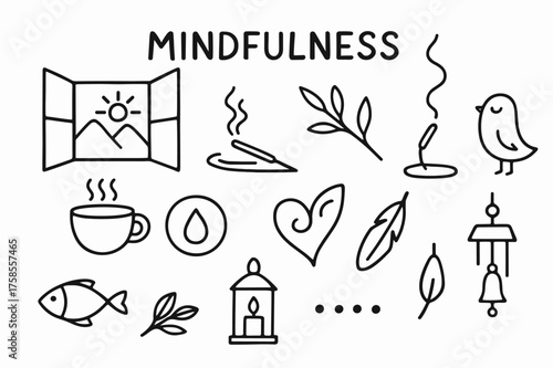 Mindfulness Doodle Icons. Mindfulness. Hand-drawn doodle illustration mindfulness open window, mountain sun, cup of tea, incense smoke, fish, raindrop circle,