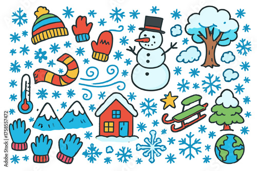Winter Wonderland Doodles. Blizzard. Colorful Hand-drawn doodle Children illustration Snowflake, house, snowman, gloves, hat, scarf, tree, cloud, mountain,