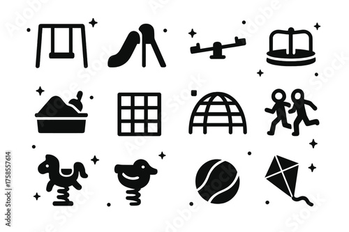 Playground Icons Grid. playground activities. Solid icons set of playground activities: swing, slide, seesaw, merry-go-round, sandbox, climbing frame, jungle