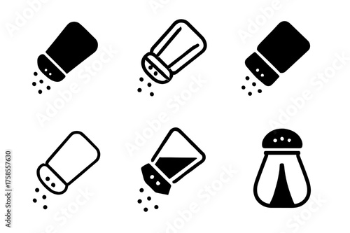 Salt Shaker Logos. Salt. Set Logo of Food: shaker pouring salt icon. harmonious logo variations of the same emblematic concept, each with different artistic