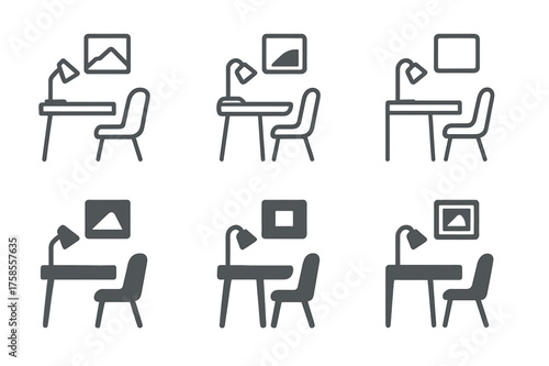 Creative Work Corner Logos. Designing home office spaces for productivity. Set Logo of Interior design: creative work corner icon. harmonious logo variations