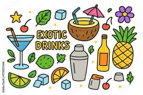 Wallpaper Mural Colorful Cocktail Icons. Exotic Drinks. Colorful Hand-drawn doodle Children illustration Cocktail glass, coconut, pineapple, umbrella, straw, lime, cherry, Torontodigital.ca