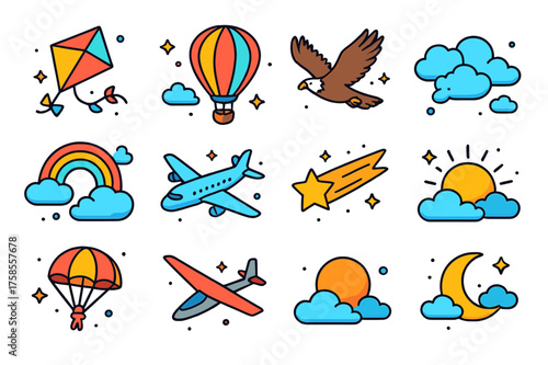 Open Sky Icons. Open sky. Colorful isometric vector icons set of open sky: flying kite, hot air balloon, soaring eagle, drifting clouds, rainbow, airplane,