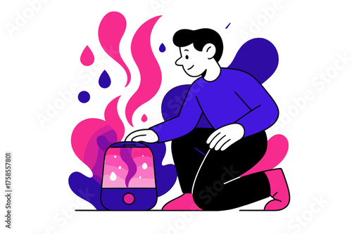 Glowing Steam Serenity. Steam comfort. A person kneeling next to a glowing humidifier while abstract smooth shapes of steam rise, glowing water droplets