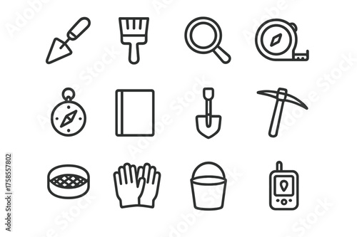 Archaeological Tool Icons. Archaeological tools. Line icon set of Archaeological tools: trowel, brush, magnifying glass, measuring tape, compass, notebook,