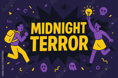 Midnight Terror Frenzy. Midnight Terror banner, flat vector illustration, bold oversized text inside splash explosion, cartoon characters jumping and running,