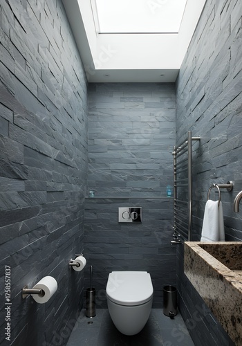 Modern Small Bathroom with Dark Gray Stone Walls and Skylight
