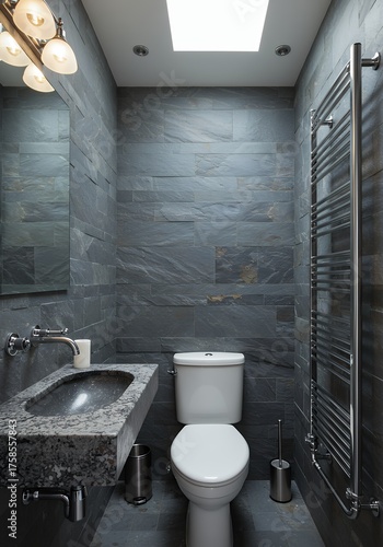 Modern Small Bathroom with Grey Stone Walls and White Toilet in Contemporary Design