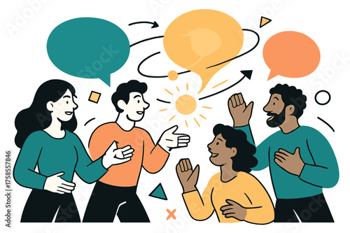 Collaborative Ideas Exchange. Sharing ideas. Glowing speech bubbles and abstract floating light connecting multiple people, geometric shapes orbiting around to