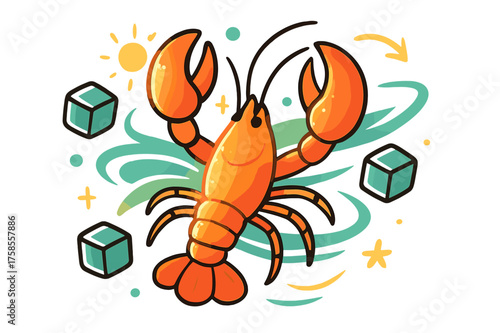 Fresh Glowing Lobster. Fresh lobster. Glowing lobster with abstract floating ice cubes and light trails emphasizing freshness and culinary appeal. Modern flat