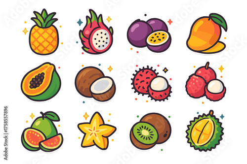 Exotic Fruit Icons. Exotic Fruits. Colorful isometric vector icons set of exotic fruits: pineapple, dragon fruit, passion fruit, mango, papaya, coconut,