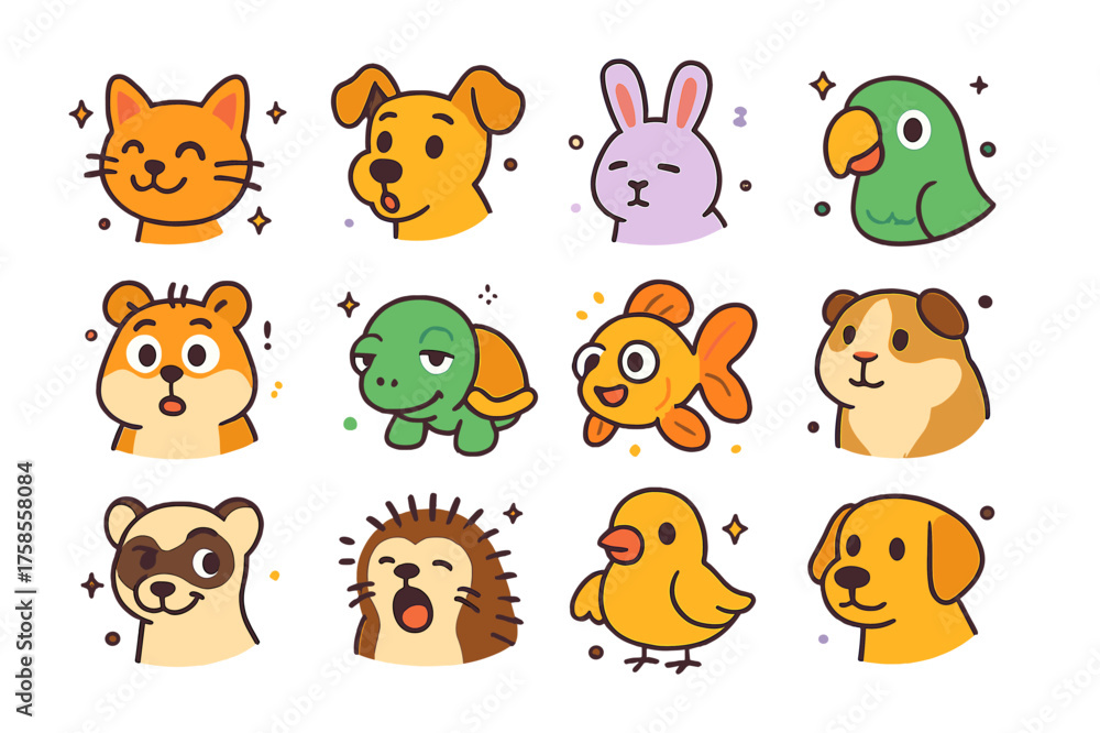 Fototapeta premium Colorful Pet Expressions. Pet expressions. Colorful isometric vector icons set of pet expressions: happy cat, curious dog, sleepy rabbit, cheerful parrot,