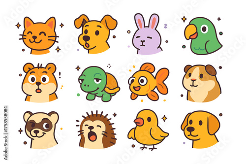 Colorful Pet Expressions. Pet expressions. Colorful isometric vector icons set of pet expressions: happy cat, curious dog, sleepy rabbit, cheerful parrot,