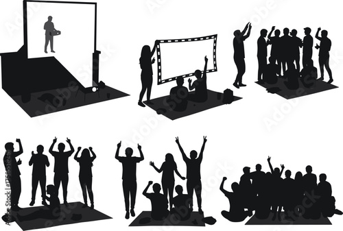 Film and Photo Shoot Silhouettes Vector Set of Creative Setup, Green Screen, Celebration Crowd, Studio Lights, and Group Interaction
