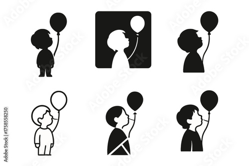 Child's Balloon Logos. Child's wonder. Set Logo of Emotion: child with balloon icon. harmonious logo variations of the same emblematic concept, each with