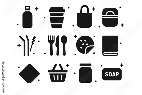 Eco-Friendly Icons Set. Reusable products. Solid icons set of reusable products: water bottle, coffee cup, tote bag, lunch box, straw, cutlery set, food wrap,