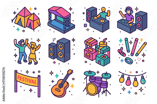 Festival Icon Set. Outdoor festival. Colorful isometric vector icons set of outdoor festival: tents, stage, crowd dancing, DJ booth, speakers, food stalls,