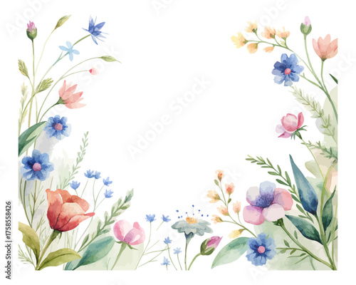 Watercolor Wildflower Border Design for Wedding Cards isolated on white background