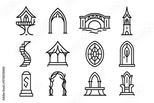 Elven Architectural Icons. Elven architecture. Line icon set of Elven architecture: treehouse, arched gate, stone bridge, elven tower, spiral staircase, leaf