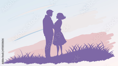 Watercolor couple silhouette blending into background
