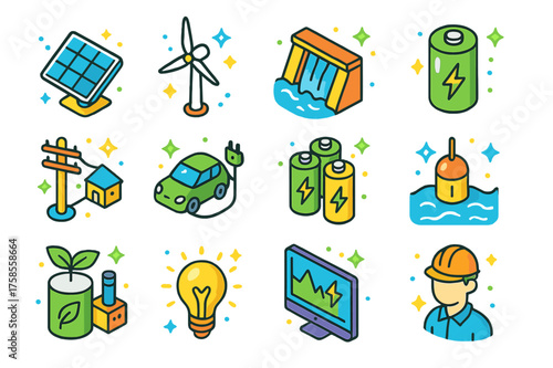 Sustainable Energy Icons. Sustainable energy. Colorful isometric vector icons set of sustainable energy: solar panel, wind turbine, hydroelectric power, energy