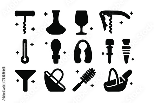 Sommelier Tools Icons. Sommelier tools. Solid icons set of Sommelier tools: corkscrew, decanter, tasting glass, wine key, thermometer, wine aerator, foil