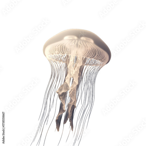 Photorealistic jellyfish isolated on transparent background, translucent bell glowing softly, visible tentacle threads and light diffusion, cinematic backlight, soft underwater haze, 8k detail, clean 