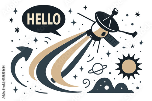 Interstellar Probe Journey. Interstellar missions. A probe leaving glowing trails as it exits the solar system, tiny stars forming patterns around. Floating