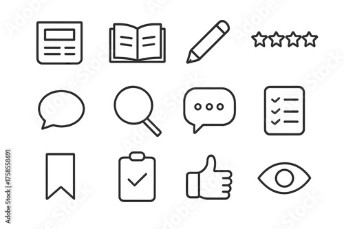 Media Critique Icon Set. Media critique. Line icon set of Media critique: magazine, open pages, pencil, star rating, speech bubble, magnifying glass, comment