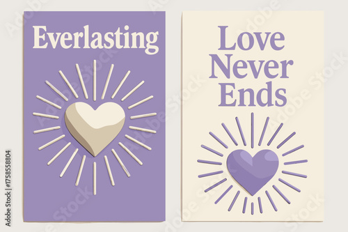 Everlasting Love Banners. Everlasting. Two vertical A6 banners, bold, lavender and cream backgrounds, sculpted heart emblem with radiant lines, first banner
