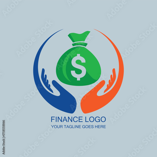 Finance Logo with Protective Hands Holding Money Bag, Financial Security Concept