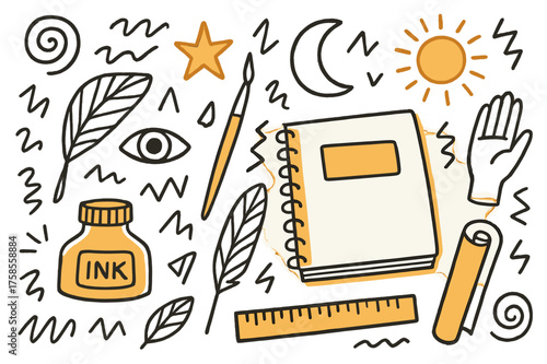Creative Ink Doodles. Ink Drawing. Hand-drawn doodle illustration ink drawing ink bottle (accented), quill pen, sketchbook (accented), brush, paper roll