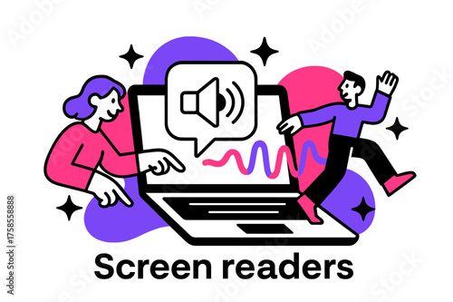 Embracing Accessible Technology. Screen readers. A laptop with glowing text-to-speech icons, abstract floating sound waves and stars symbolizing access to