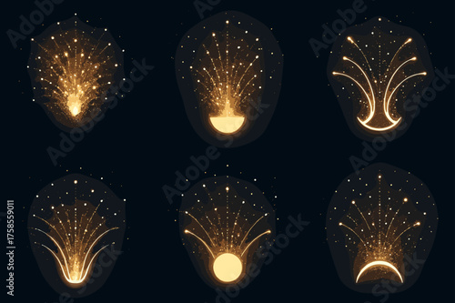 Science Logo Variations. Light particles bursting from a source. Set Logo of Science: glowing particles icon. harmonious logo variations of the same emblematic