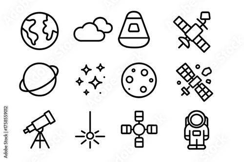 Orbital Icon Set. Orbital view. Line icon set of Orbital view: Earth globe, clouds, space capsule, satellite, orbit line, star cluster, moon, space debris,