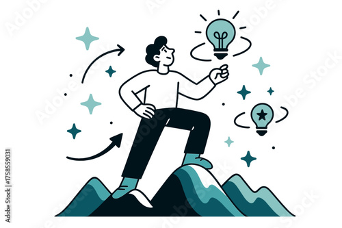 Future Aspirations Scene. Future aspirations. Character standing on glowing abstract mountain peaks, floating stars and glowing idea icons orbiting above, a