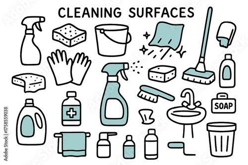 Cleaning Tools Doodle. Cleaning Surfaces. Hand-drawn doodle illustration cleaning and disinfecting surfaces spray bottle (accented), sponge, cloth (accented),