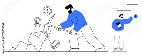 Man using pickaxe to unearth coins marked with currency signs, another holding globe, portrays global economy, financial investment, cryptocurrency, income generation, innovation, wealth creation