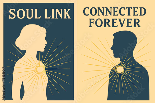Soul Connection Banners. Soul Link. Two vertical A6 banners, pastel, navy and gold backgrounds, two silhouettes with radiant lines linking their hearts, first
