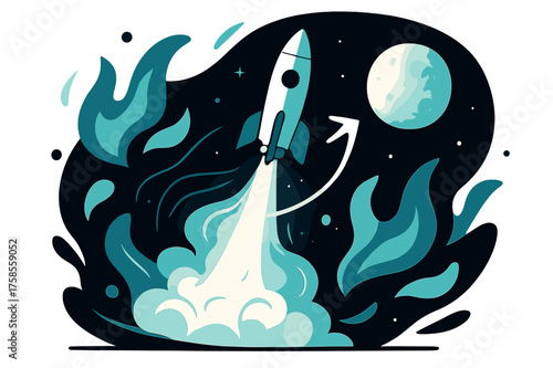 Moonshot Rocket Launch. Rocket launch to moon. A glowing rocket taking off, abstract floating flames and light trails, moon glowing in the distance. Modern