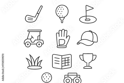 Golf Icon Set. Golf range. Line icon set of golf range: golf club, golf ball, hole with flag, golf cart, glove, cap, grass patch, scorecard, trophy,