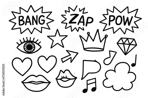 Pop Art Doodle Icons. Pop Art Elements. Hand-drawn doodle illustration pop art elements bang, zap, pow, starburst, heart, lips, crown, diamond, eye, arrow,