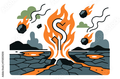 Molten Blazing Landscape. Molten landscape. A cracked wasteland with glowing lava pools, floating burning rocks and smoke trails across the sky. A giant