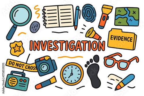 Colorful Investigation Doodles. Investigation. Colorful Hand-drawn doodle Children illustration Magnifying glass, notebook, pen, fingerprint, evidence folder,